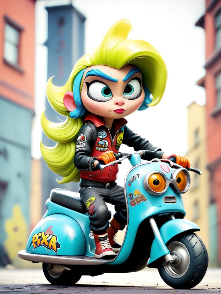 alien biker, super speed, racer, Vespa scooter - a unique streetwear design that combines old and new. Combine bold urban typography with retro graphics, taking inspiration from graffiti. Use a variety of earthy tones to give your design a modern touch with stylistic visual graphics.