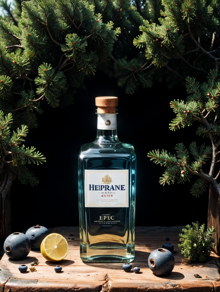 professional photography of a square gin bottle, square bottle, surrounding a juniper and juniper berries, one shot of gin in a front, no label, clear, mockup