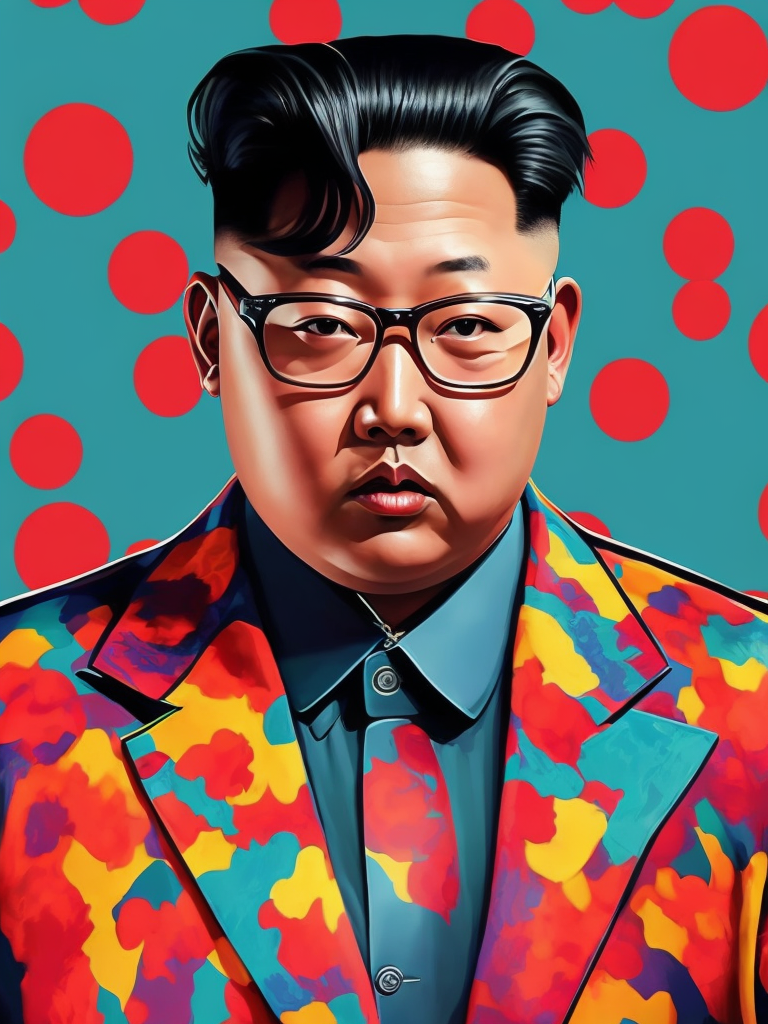 Kim Jong Un wearing a brightly patterned jacket and wayfarer glasses, Vivid saturated colors, Contrast color