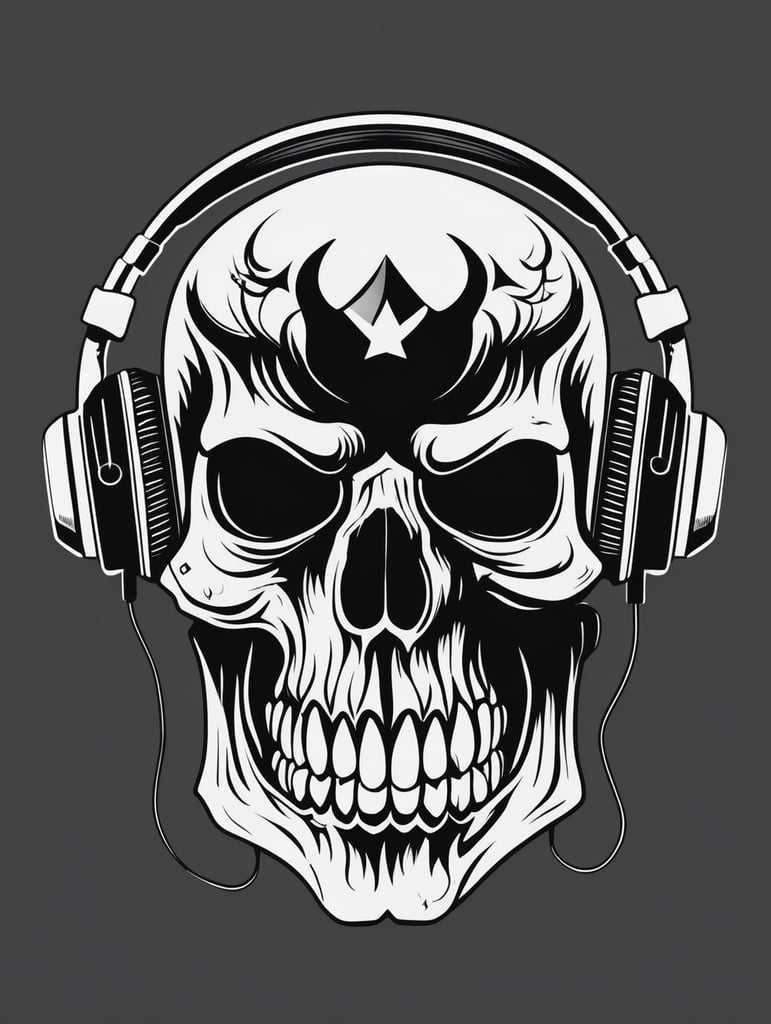 Black and white game over Skull Gaming Logo, vector illustration, vintage dead head or skull of gamer in headphones, vector image