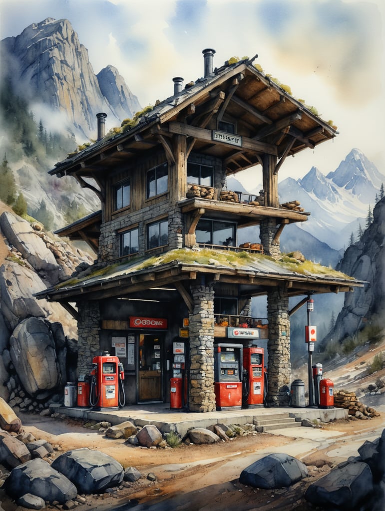 Watercolour sketch of a small mountain log gas station, rock, Stone modern, muted colours, by Jean-baptiste Monge