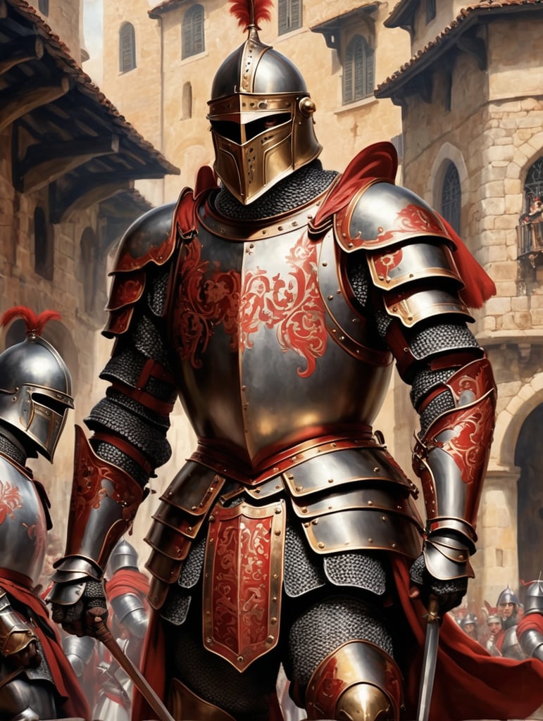 Annibale Carracci painting. Army of knights in red medieval armor marching through a medieval town. stone street. shocked onlookers.