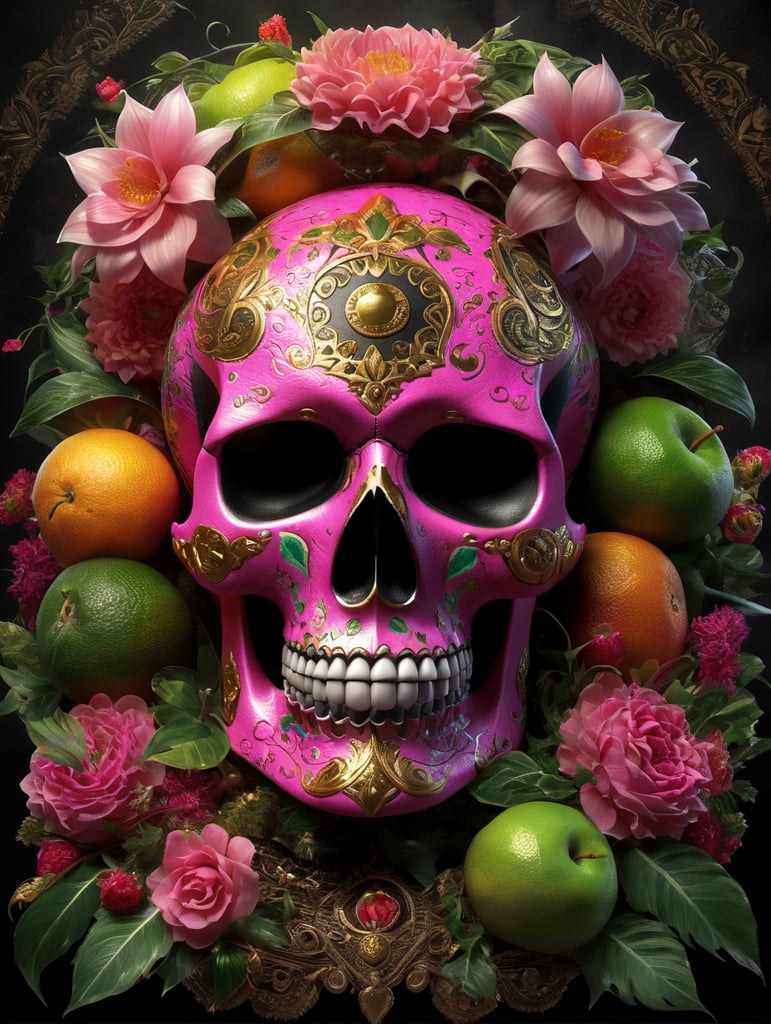 Mexican skull calavera, surrounded by poetic ornamental elements such as fruits, flowers, garlands of lights and native plants, colors pink, green, gold and black