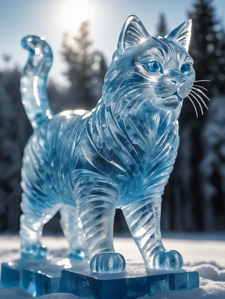 Highly detailed shot of an blueish ice sculpture in the shape of a Russian cat, full-body shot, dramatic shattering ice background, full motion effects, diagonal view, ice crystal particles everywhere, back light, ultra sharp focus, high speed shot, subtle color, Bioluminescence, high quality