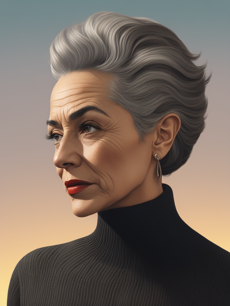 Colorful graphic illustration, pop art, late 50s caucasian woman in a turtleneck with shoulder length gray hair.