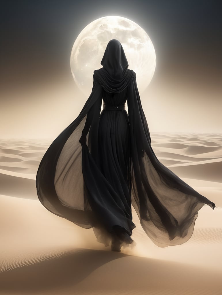 view from behind(((ethereal misty black cloaked woman figure))), clad in dark tones, advancing through a (((dunescape))) under a (rising moon), with (vast, smoldering sand dunes) reflecting an otherworldly light around its surroundings, abstract art