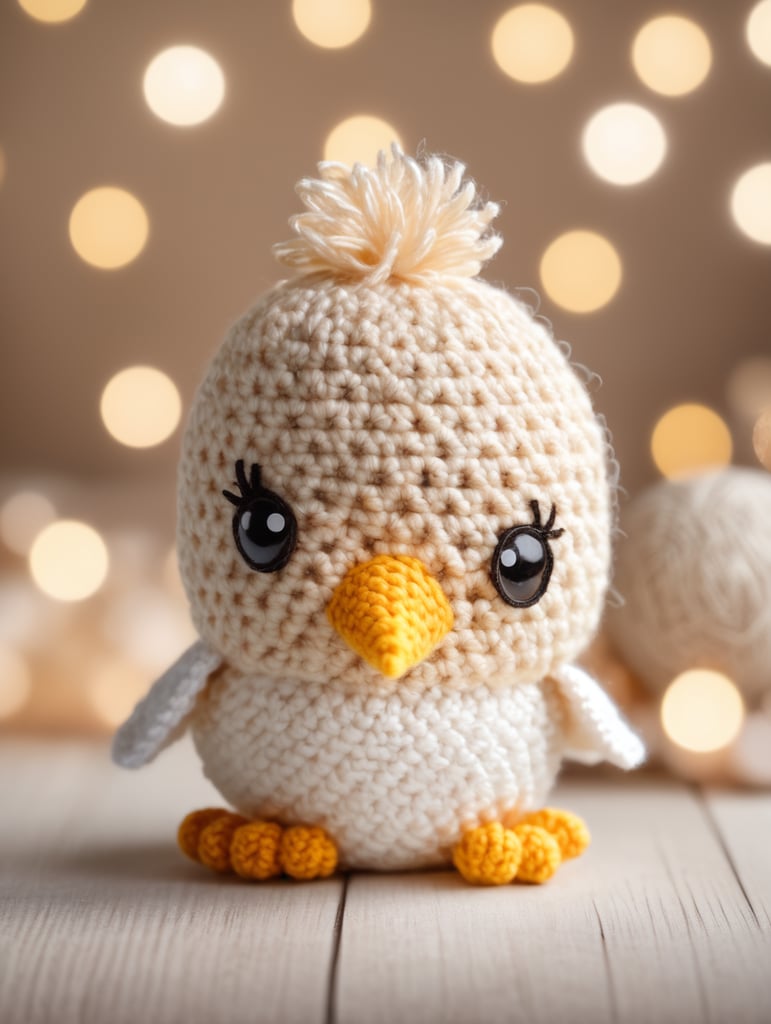 Stock photo, crocheted Amigurumi chick, studio photo, white and beige shades, bokeh, 32K, Sony Alpha a7R IV and 50mm f 1.4