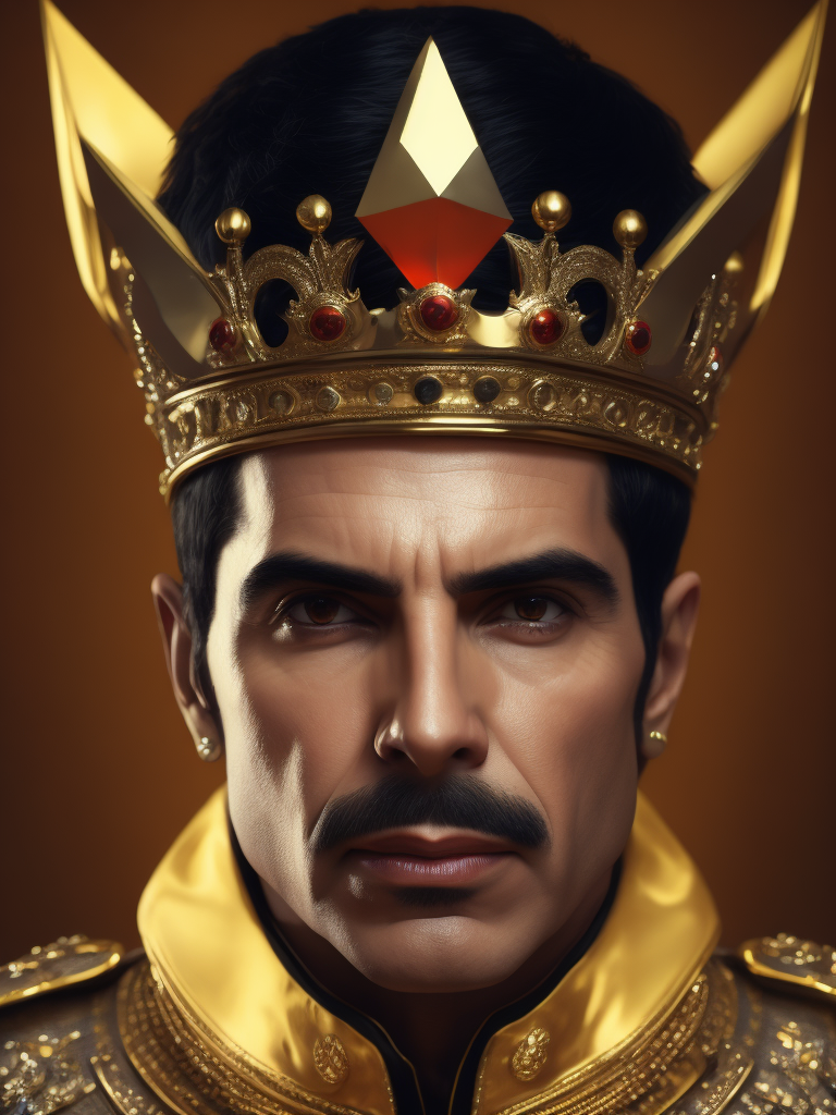 Portrait of Freddie Mercury wearing the Queen's crown, royal mantle, Vivid saturated colors, Contrast light, studio photo, professional photo, Detailed image, detailed face