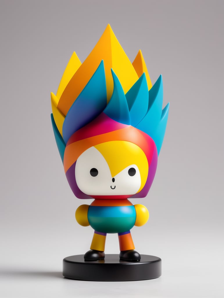 Vinil toy de un personaje skater con mucho pelo de colores vibrantes inspirados en el ballet triadico de la Bauhaus en un set design minimalista