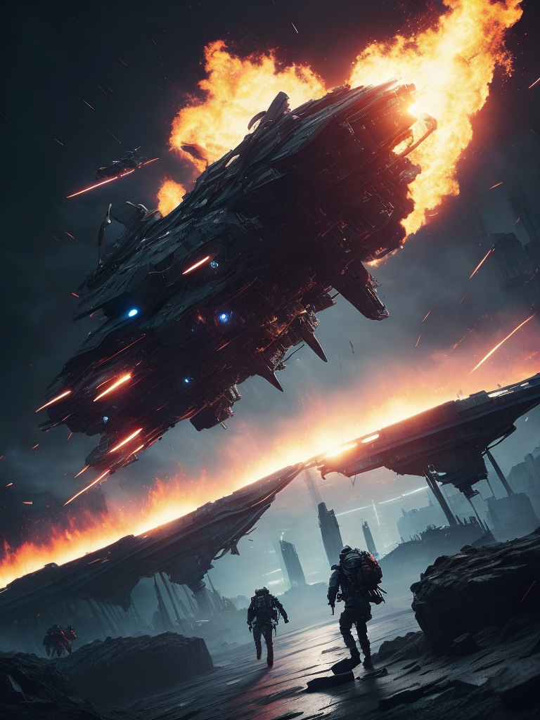 Illustrate a futuristic sci-fi battle scene with advanced technology and epic explosions
