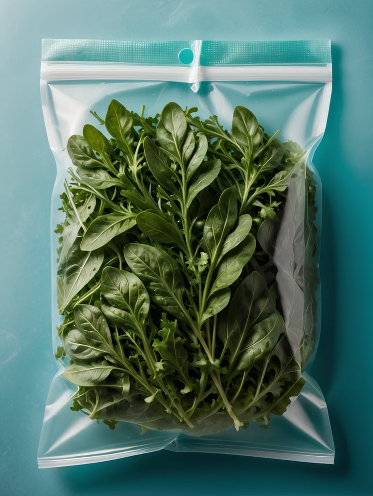 blank Transparent Plastic bag with Arugula Salad, isolated, cyan background, Mockup, mock up