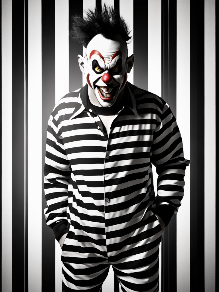 angry clown in a black and white stripes prison jumpsuit uniform