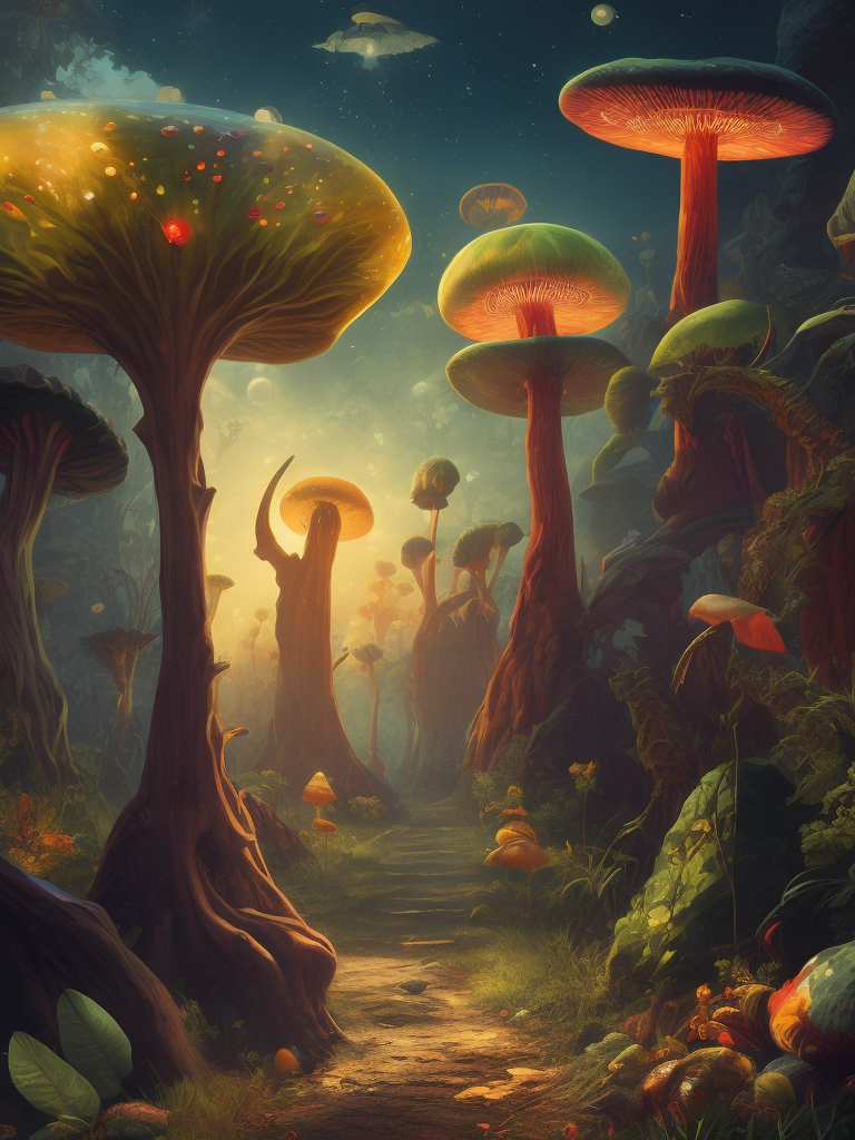 nature, high resolution, very detailed, crowded aliens, weird plants , unrealistic trees, trippy, big colored and translucent mushrooms, glowing mushroom, hallucination, bright colors, surrealism