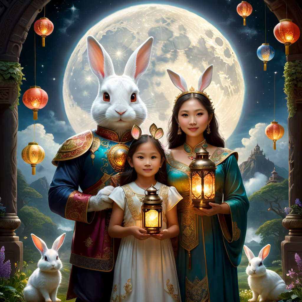 “Visualize a celestial family living in a magical realm, lit by the ever-present glow of a majestic moon. Picture a human mother, ethereal and radiant, standing beside her enchanted rabbit partner, both adorned in cosmic garments. They are the proud parents of their unique half-breed children, who combine human heads with rabbit ears and have bodies that are a harmonious blend of both parents. Set this magical family against the backdrop of an illuminating moon, surrounded by fantastical elements like floating lanterns, twinkling stars, and mystical flora. Capture the joy and love on the faces of each family member as they celebrate a special festival of their own. For visual cues: Human Mother: Elegant and radiant, perhaps holding a magical artifact. Rabbit Father: Standing upright, human-size clad in cosmic attire, holding a lantern imbued with moonlight. Children: A delightful blend of their parents, featuring human faces with rabbit ears, rabbit nose and hybrid bodies.