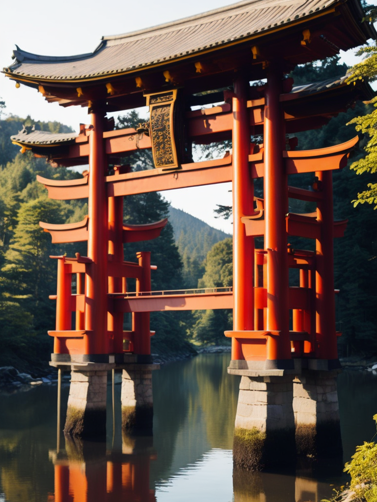 Red torii gate in middle of a lake, Dense forest on the edge of the lake, Bright and saturated colors, Japanese culture, photorealistic, contrast light