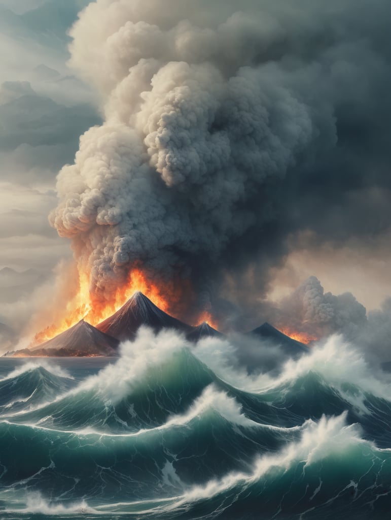 Epic photograph of an earthquake in Japan, large waves, destruction, fire, in the style of Aivazovsky