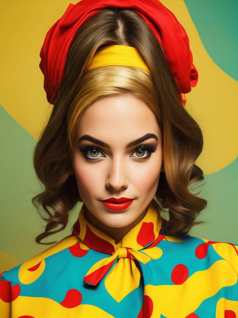 Portrait of a girl dressed in a bright dress, Bright colors, pin up style, 70s