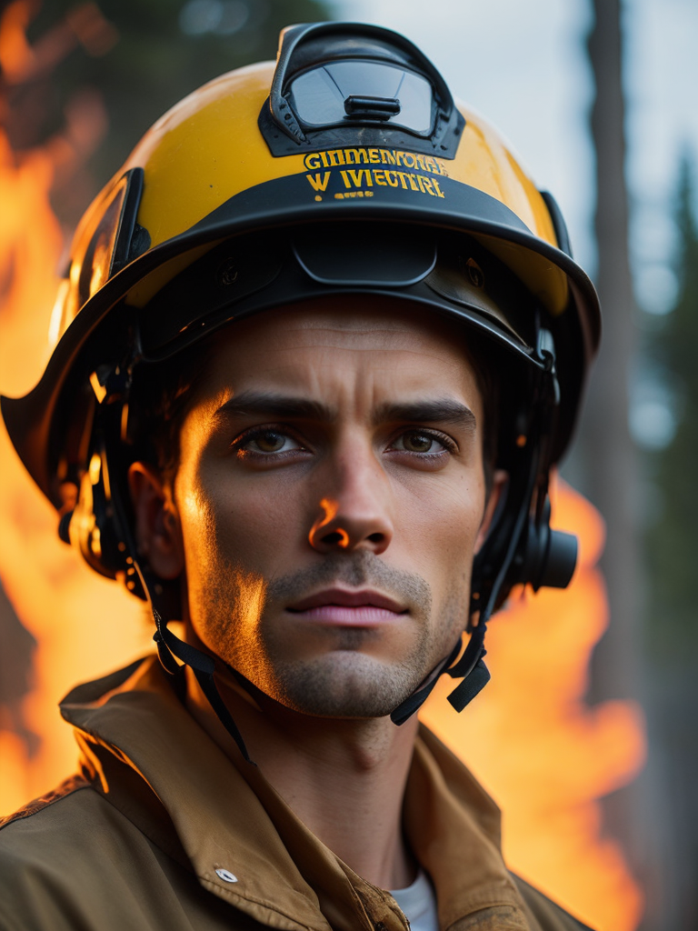 epic portrait of a Firefighter, close-up, forest fire, British Columbia Wildfire, Canada