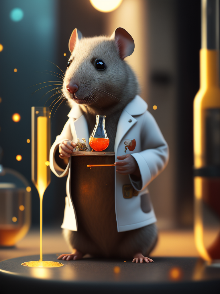 A 3d render of a cute fuzzy pet rat dressed in a white lab coat mixing test tubes of chemicals in a chemistry lab, bokeh, canon 50mm, cinematic lighting, volumetric light, octane, octane render, redshift render