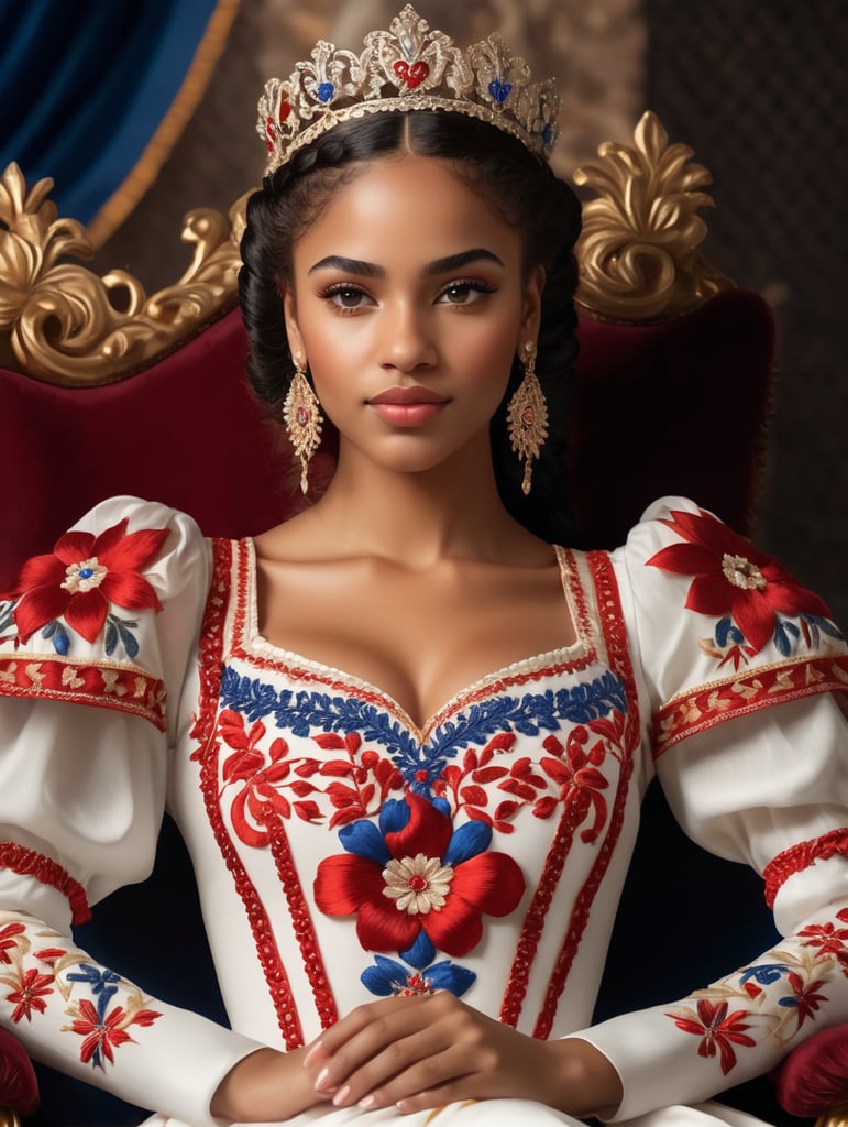 Fullbody shot view of the young queen of a new Cuban Catholic Kingdom, with beautiful braids. She is wearing a beautiful white queen royal top custome dress with red and blue flower motifs, and embroidered queen embroidered white pants. she is a beautiful light cinnamon skin color young woman, with a beautiful sweet face, curly straight hair, sweet expression, with a beautiful body, sitting on the royal throne in the palace