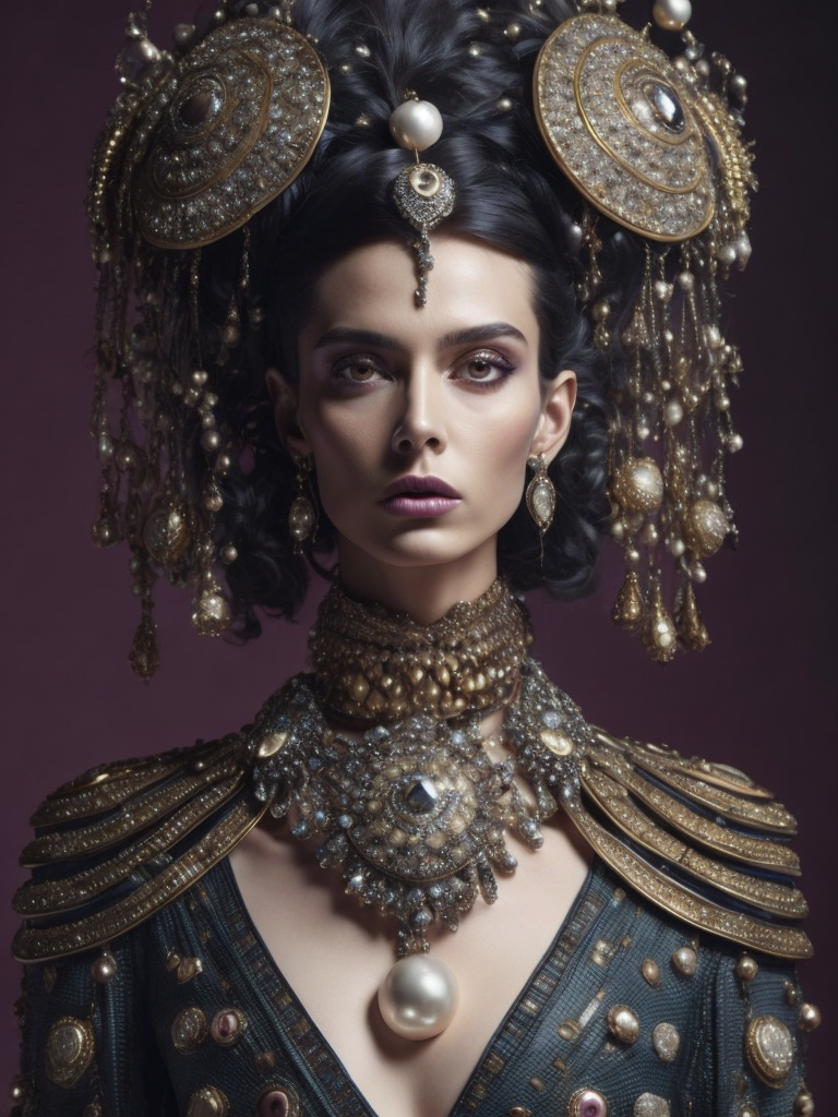 retrofuturistic massive huge jeweled necklace with huge diamonds and jewels on interplanetary interspecies male robot monster, horrific, terrifying, scary, mean. many spirder eyes, huge big jewel encrusted clothing, big pearls, precious gems. The set design is bold geometric patterns photographed by Romina Ressia, film still from wes Anderson, Gucci, Versace, givenchy, medium shot fashion, award winning photography, arty pose, fashion, diaphanous layered ultra haute couture, high definition, high resolution, bold vibrant colors , volumetric lighting, 8k, 3d render