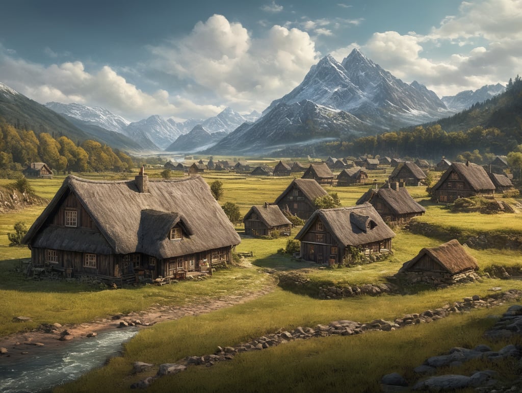 scenery view of lots of amateur cottages in a wide open field, nice detailed sky, mountain in background, small river in foreground