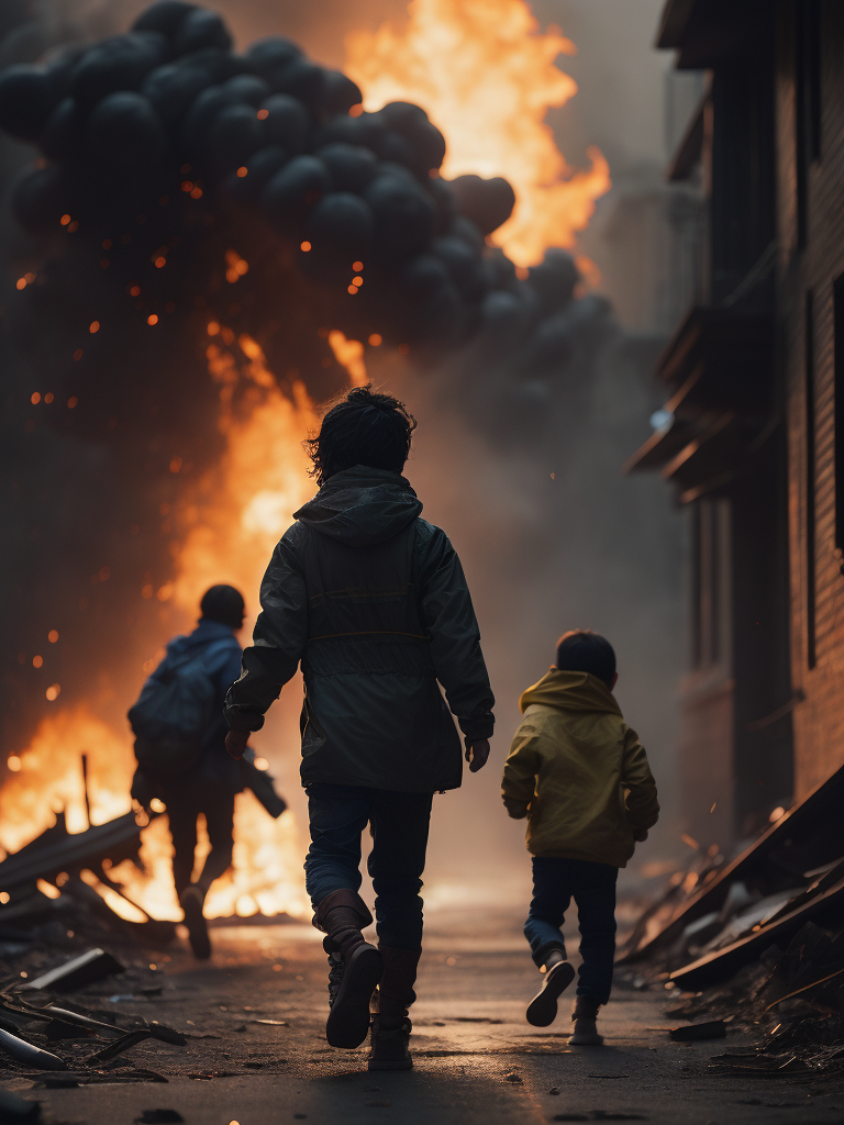 hyper-realistic, ultra-detailed of a scared palestinian kids running from big fire explosions of the house in the background, depth of field, sunlight fractal details, depth of field, HOF, hall of fame, apocalyptic environment, trending on Artstation, 64k, ultra-detailed, ultra-accurate detailed, surrealism, dark, dust, sparks, apocalypse