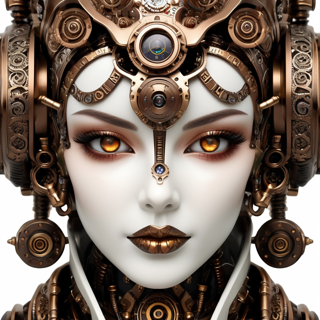 steampunk android, detailed face, highly detailed and intricate, ivory color, hyper-maximalism, bronze ornate, luxury