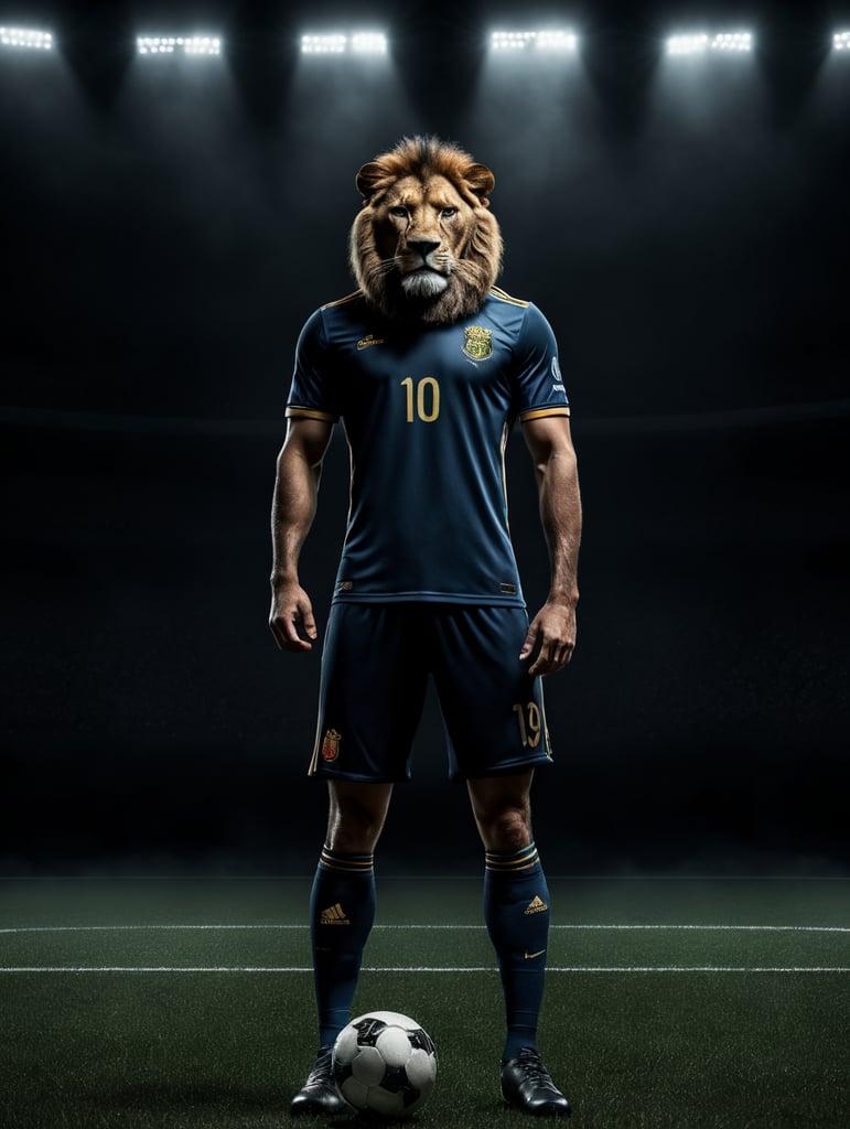 Full body, portrait, front facing, soccer player, black background, dark atmosphere, lion