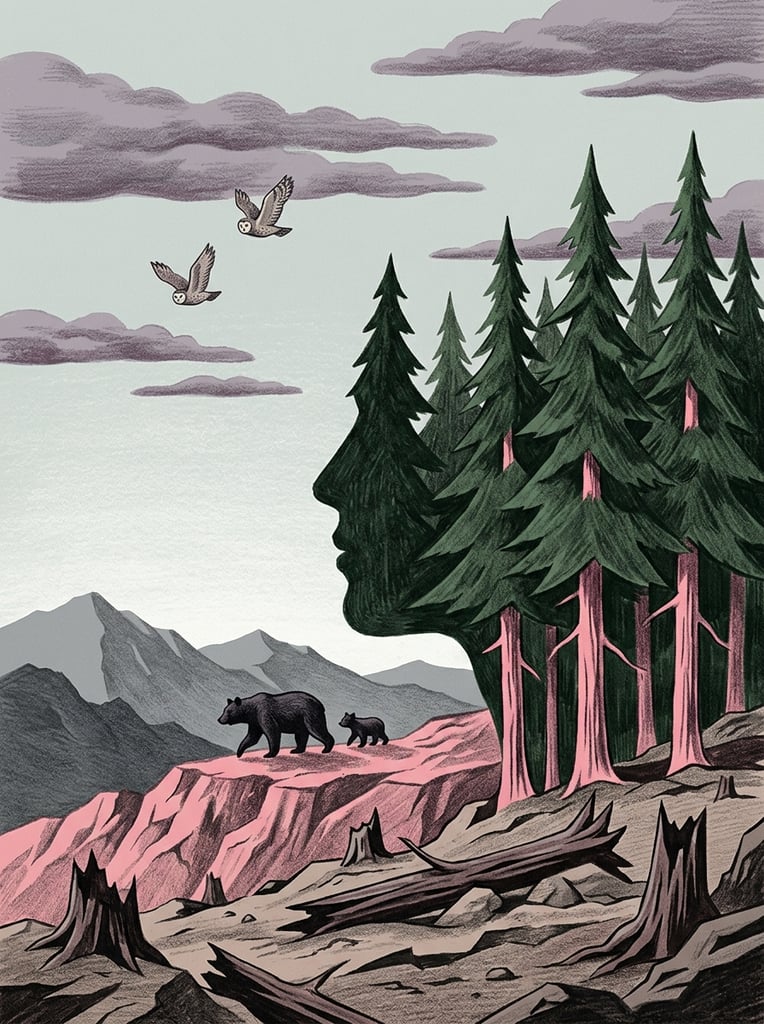 optical illusion landscape, dark green trees with pink trunks forming a human face profile silhouette, adult black bear and cub walking on a pink ridge, two owls flying, barren foreground with jagged tree stumps and logs, layered grey distant mountains, pale sky with thick purple horizontal clouds, vintage mid-century illustration, lithograph texture, colored pencil shading, surreal muted palette, graphic shapes