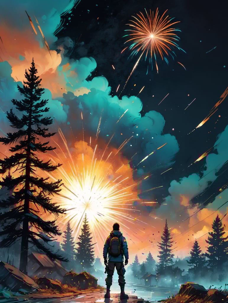 Fireworks in sky ar night with stars and moon