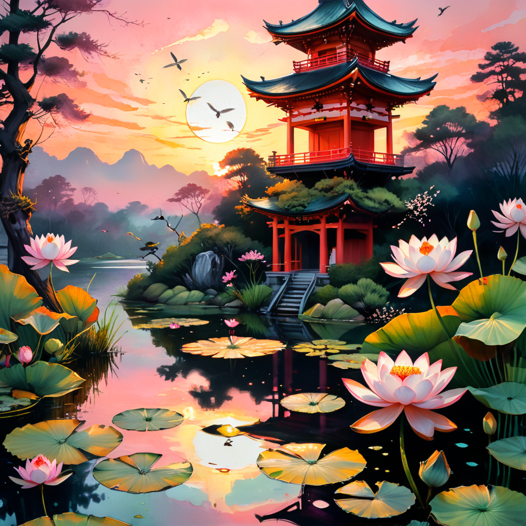 a Japanese watercolor painting of a pond, with light pink lotus flowers growing out of the pond, with white lotus flowers and lily pads growing on the surface of the water. Two dragonflies are flying over the pond and one dragonfly is settled on a lotus flower. A two-story red, white and black Japanese shrine in the background of the pond, with some birds flying near the roof of the shrine, and a beautiful pink and orange sunset on the horizon behind the shrine, with the reflection of the shrine, the sunset, dragonflies and birds on the surface of the pond water