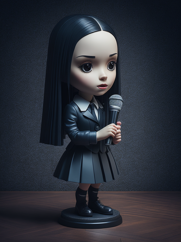 Wednesday addams rocker singing on vintage microphone funko realistic 3d render --q 5 --ar 1:1