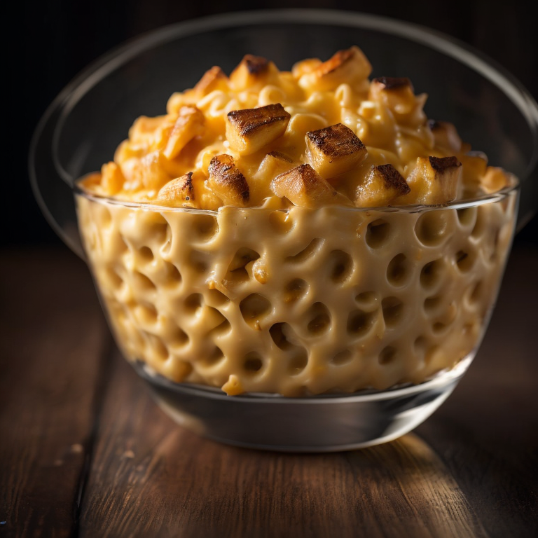 hot mac n cheese in a glass bowl on wooden table, dark background, high in detail, dramatic light