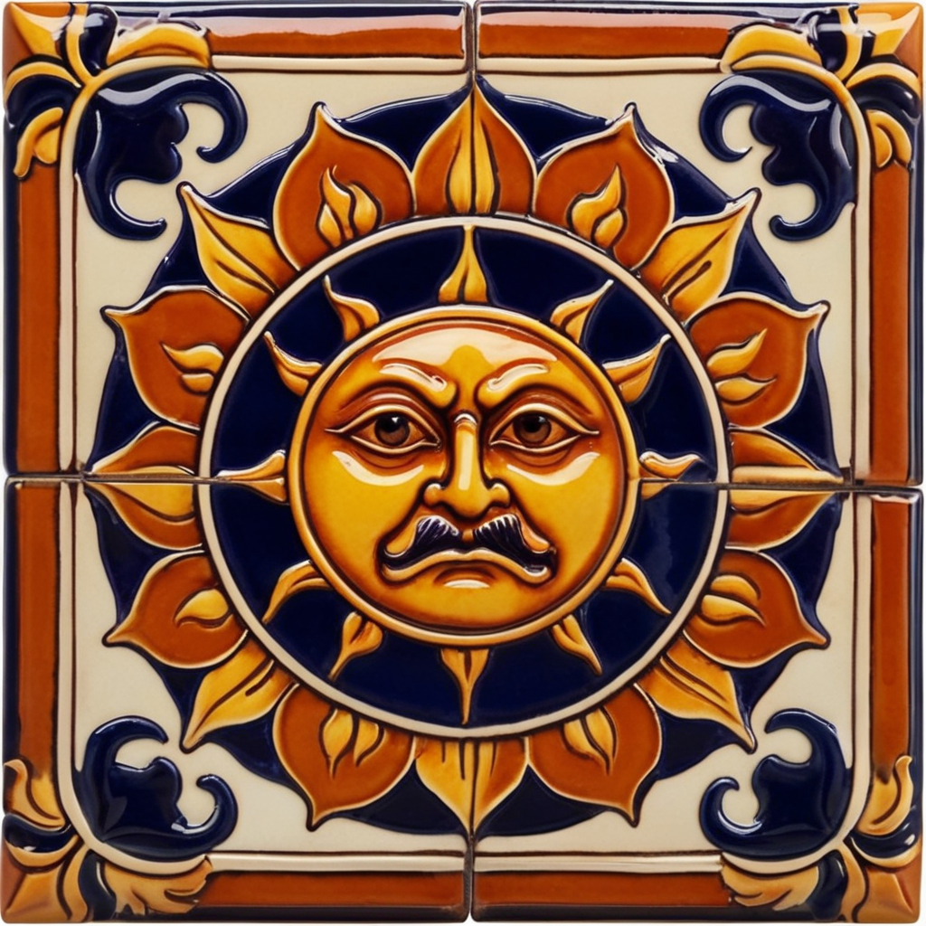 Square ceramic glazed tile with medieval art angry sun, Azulejo