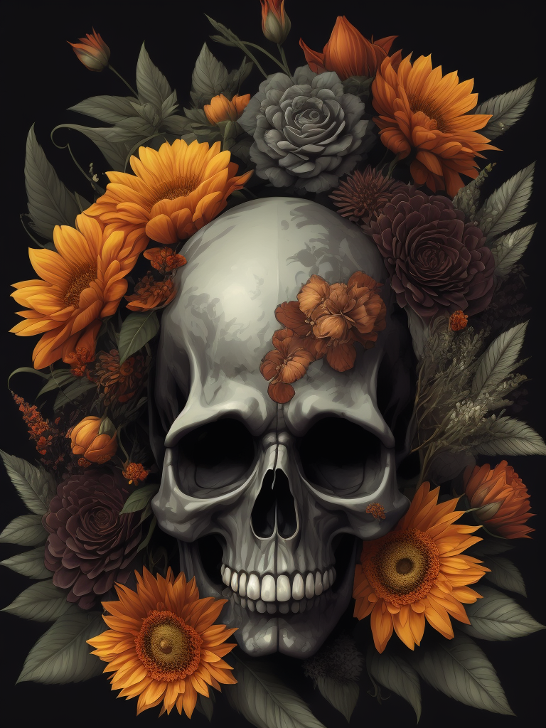 vector art of skull and flowers in the background, inspired by Japanese tattoo