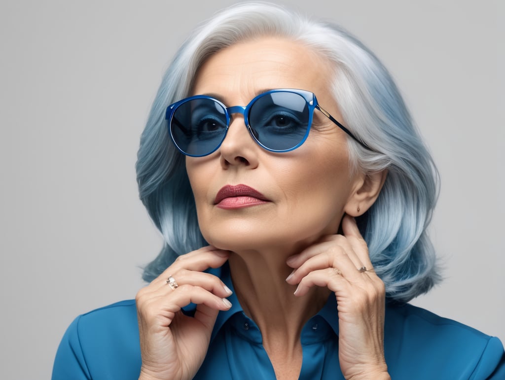 Blonde middle aged woman ponders on something keeps hand near face, blue hair, blue blouse, black sunglasses, minimalistic style, fashion, mature women, pretty old women, isolated, white background