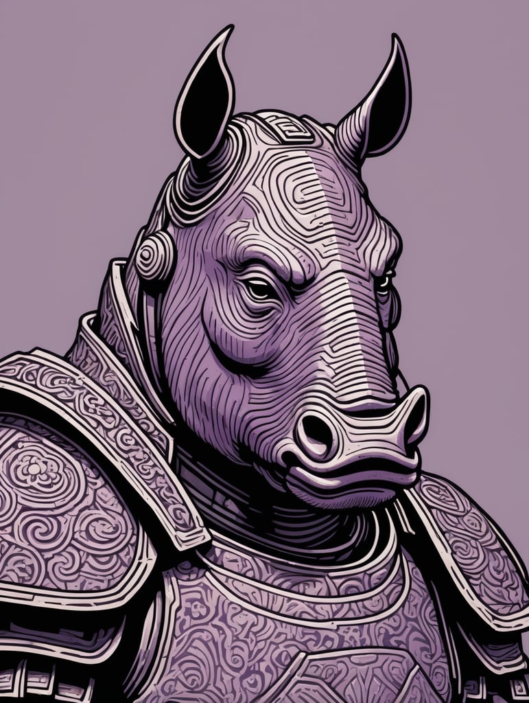 A Woodcut linocut block portrait of an anthropomorphic rhinoceros superhero wearing samurai armor, thick line, 3 dimensional relief, in gothic style, lavender and black and brown color, visible woodgrain