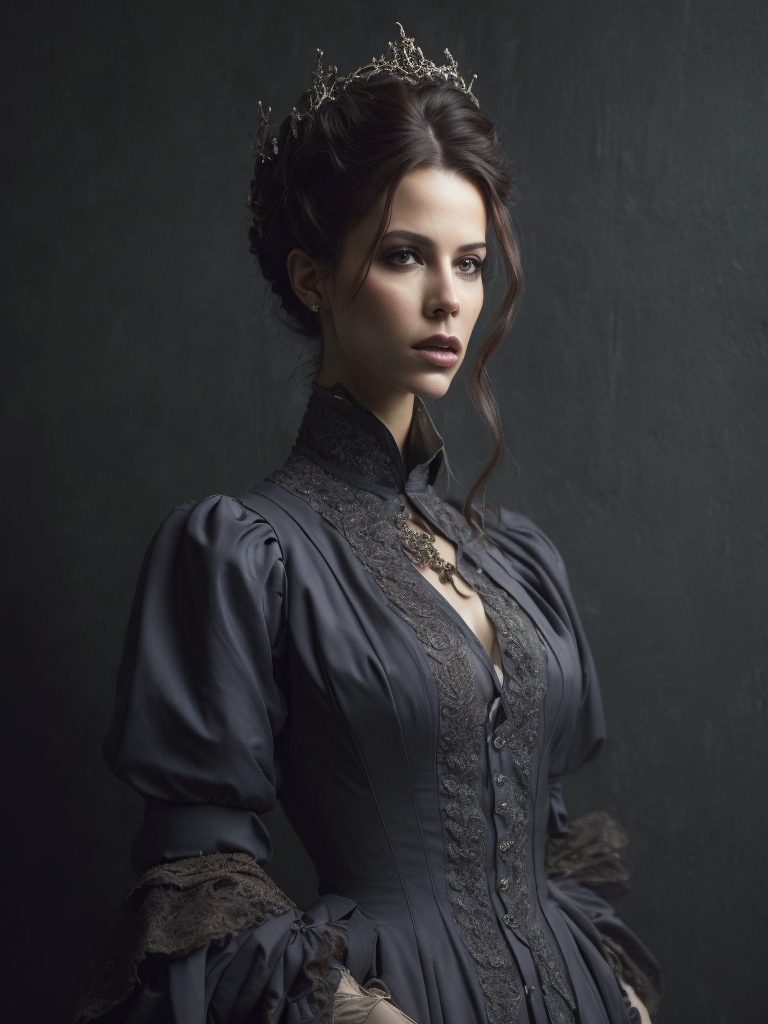 Portrait en buste kate beckinsale in georgian round dress by roberto ferri, by jeremy lipking, realism, abundant detail, muted tones, regency-era, empire silhouette, heavenly beauty