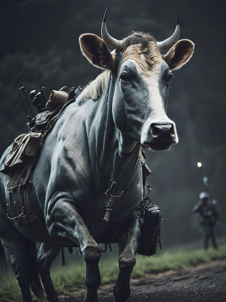 A cow in a us military uniform with an m16 in his hand is fighting