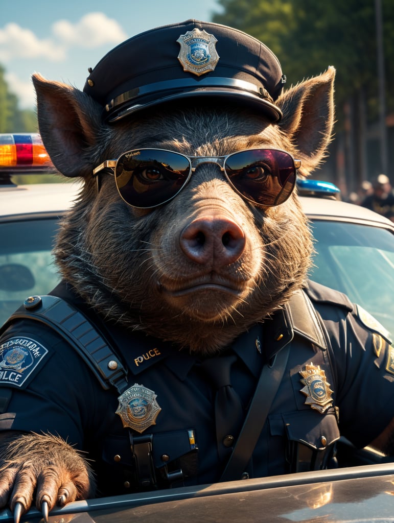 A wild boar police officer, sitting behind the wheel of a police car, close-up shot, sunglasses, clipart, stock photo