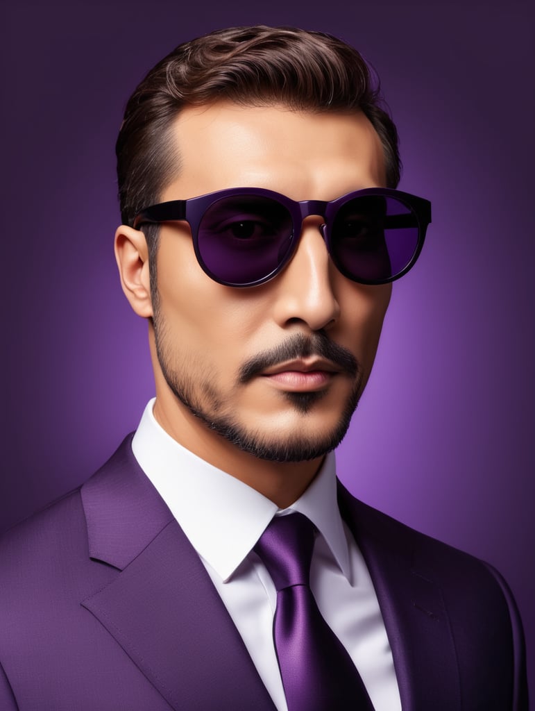 A man in a business suit with a eggplant for a head, dark purple background, sunglasses, isolated, style of Edward Burne-Jones