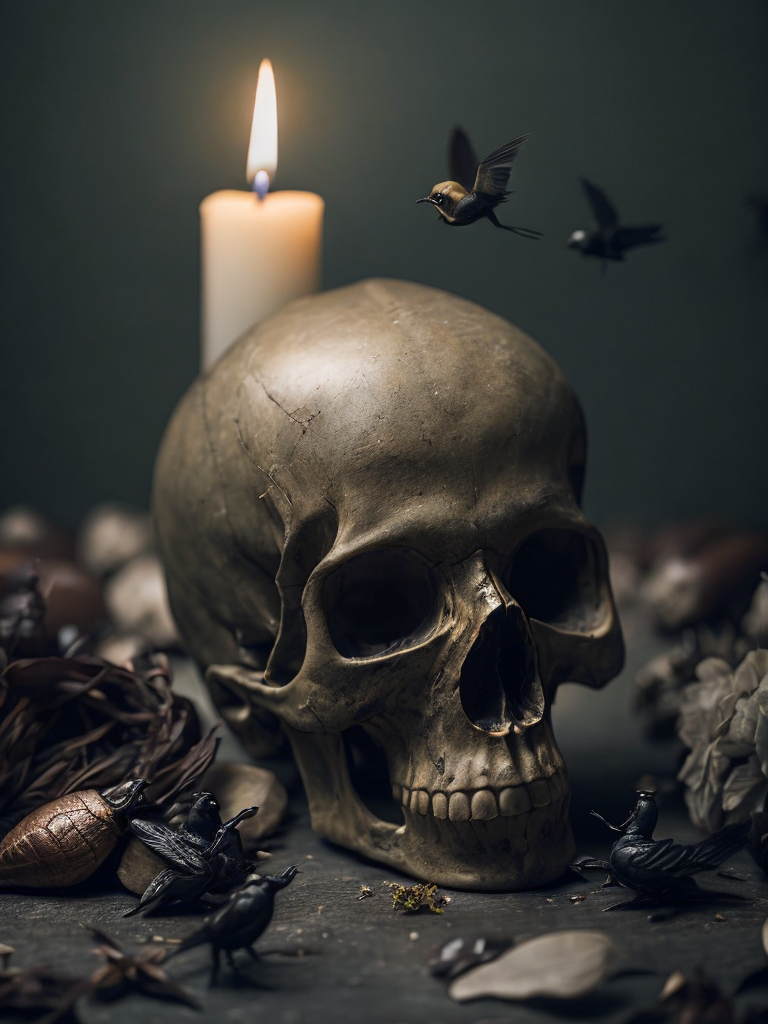 human skull dark candle light surrounded by dead black birds and insects, dark green background scattered dead flowers, shallow depth of field focus