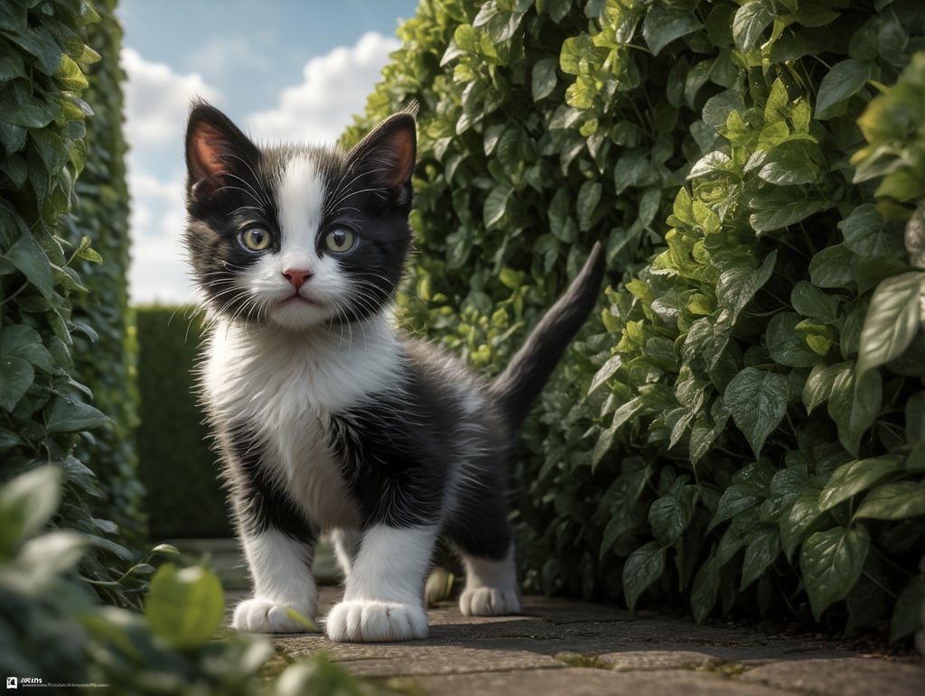 Black and white kitten walking along the top of a hedge viewed fro the front looking up slightly