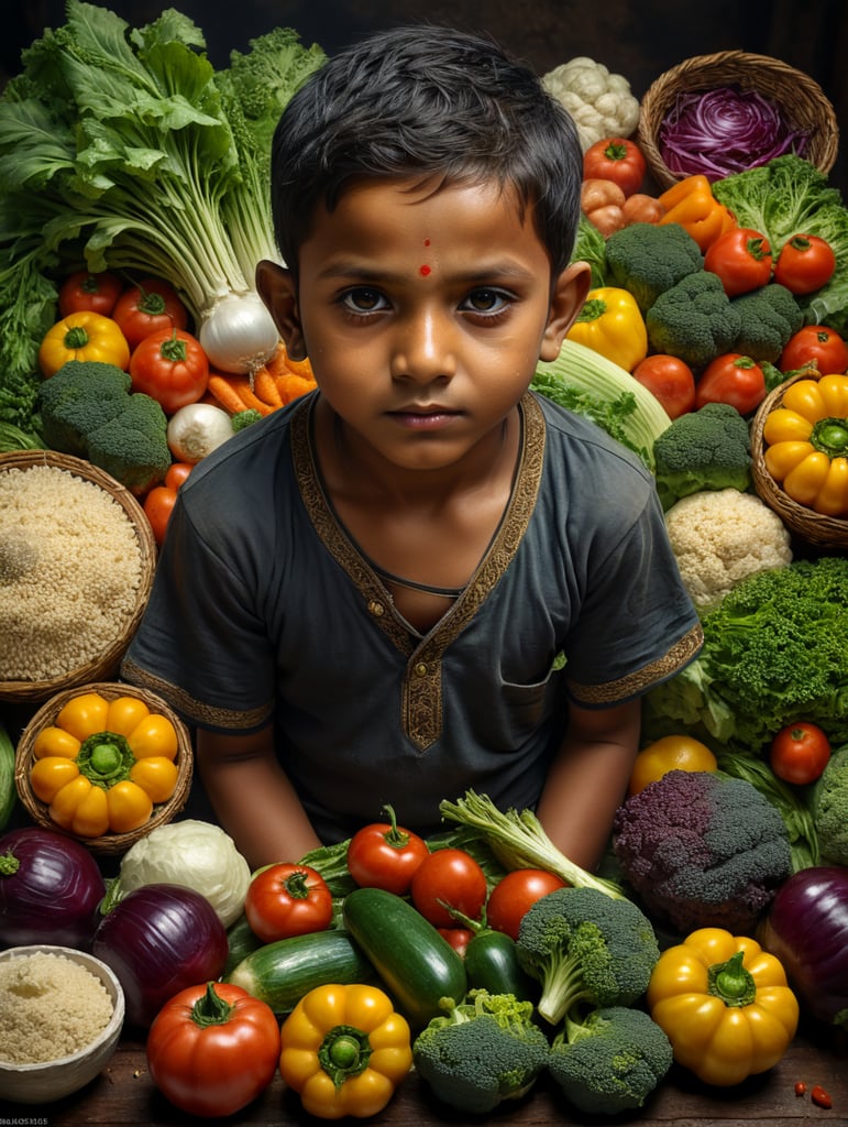 indian kid with vegetables