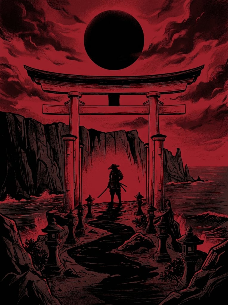 colossal red torii gate on a jagged black cliff, solitary warrior silhouetted centrally beneath the archway, stone lanterns flanking the path, massive black sphere dominating a vibrant crimson sky, dark rocky foreground terrain, minimalist two-tone palette of pure black and blood red, high-contrast graphic illustration