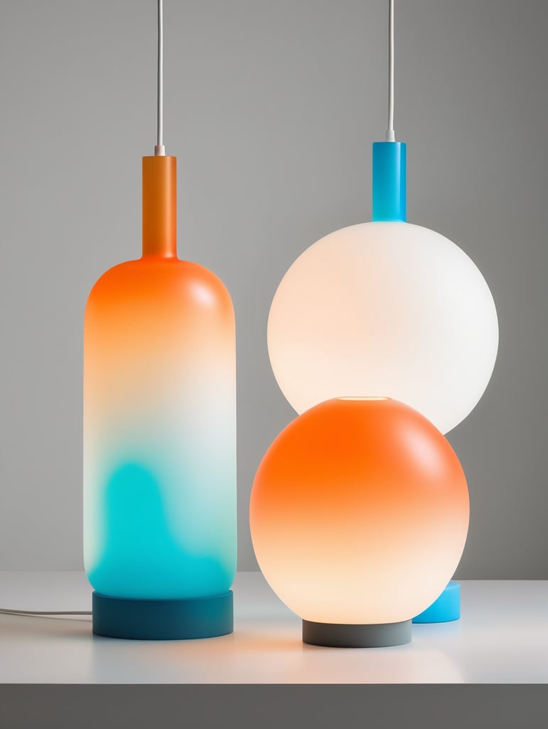 A contemporary minimalist semi-translucent silicone lamp with vibrant cyan blue and orange gradient colors as if designed by hi studio.