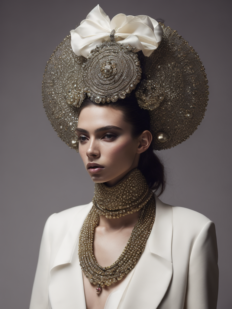 retrofuturistic massive huge jeweled necklace with huge diamonds and jewels on interplanetary interspecies male robot monster, horrific, terrifying, scary, mean. many spirder eyes, huge big jewel encrusted clothing, big pearls, precious gems. The set design is bold geometric patterns photographed by Romina Ressia, film still from wes Anderson, Gucci, Versace, givenchy, medium shot fashion, award winning photography, arty pose, fashion, diaphanous layered ultra haute couture, high definition, high resolution, bold vibrant colors , volumetric lighting, 8k, 3d render