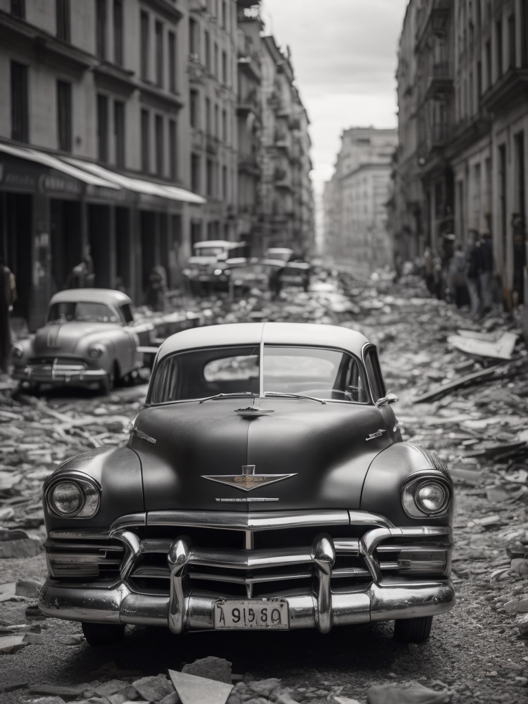 black and white photo of a 1952 Gray Chevrolet goes through bombed European city, world war 2