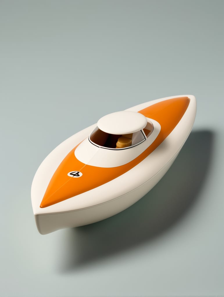 Bath toy chubby 1950s high speed racing boat designed by Dieter Rams. Simplistic minimalist post modernist product design. Oak and injection molded plastic. Full object in view.